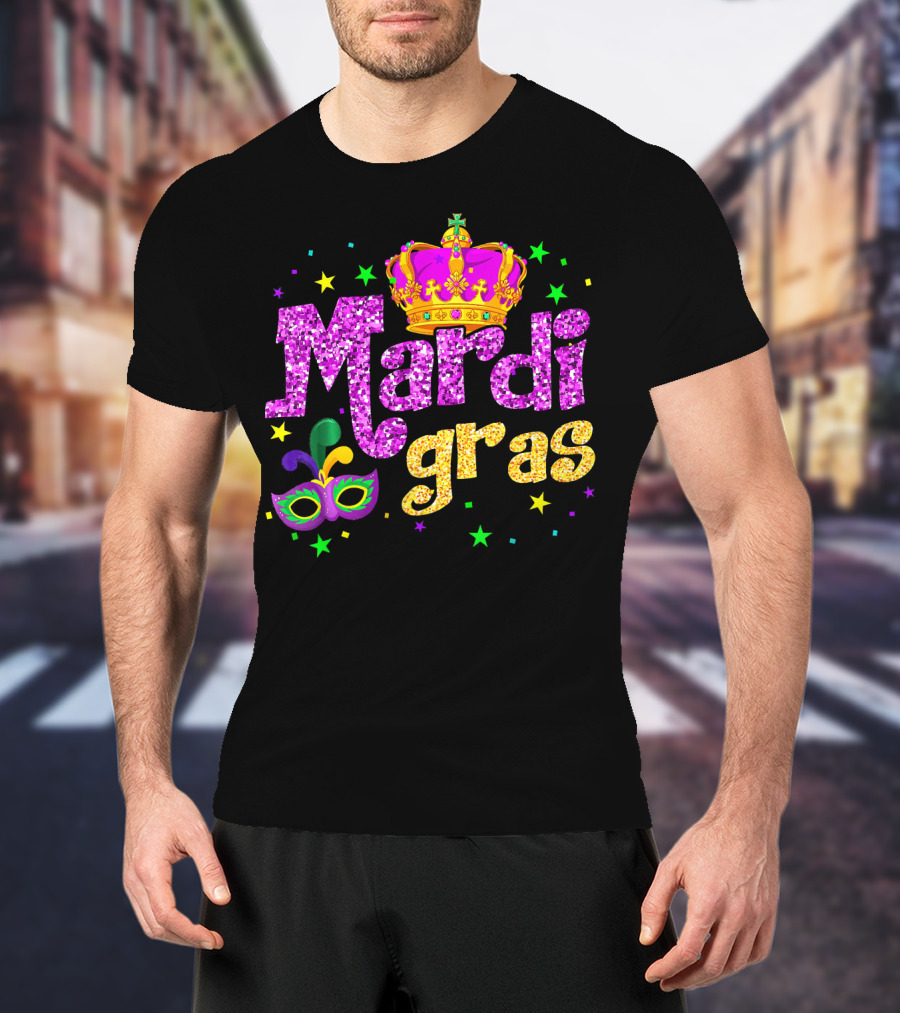 Mardi Gras Crown Glitter Mask Stars T-Shirt
