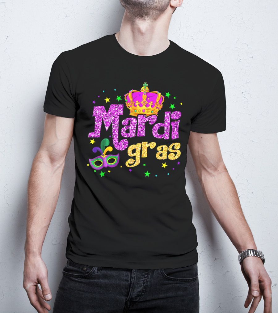 Mardi Gras Crown Glitter Mask Stars T-Shirt