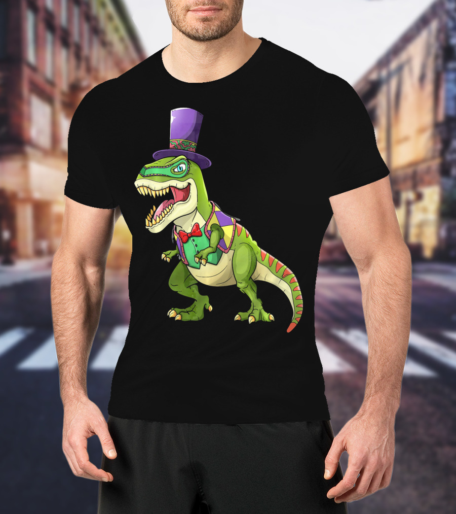 Mardi Gras Dinosaur Wearing Top Hat And Bow Tie T-Shirt