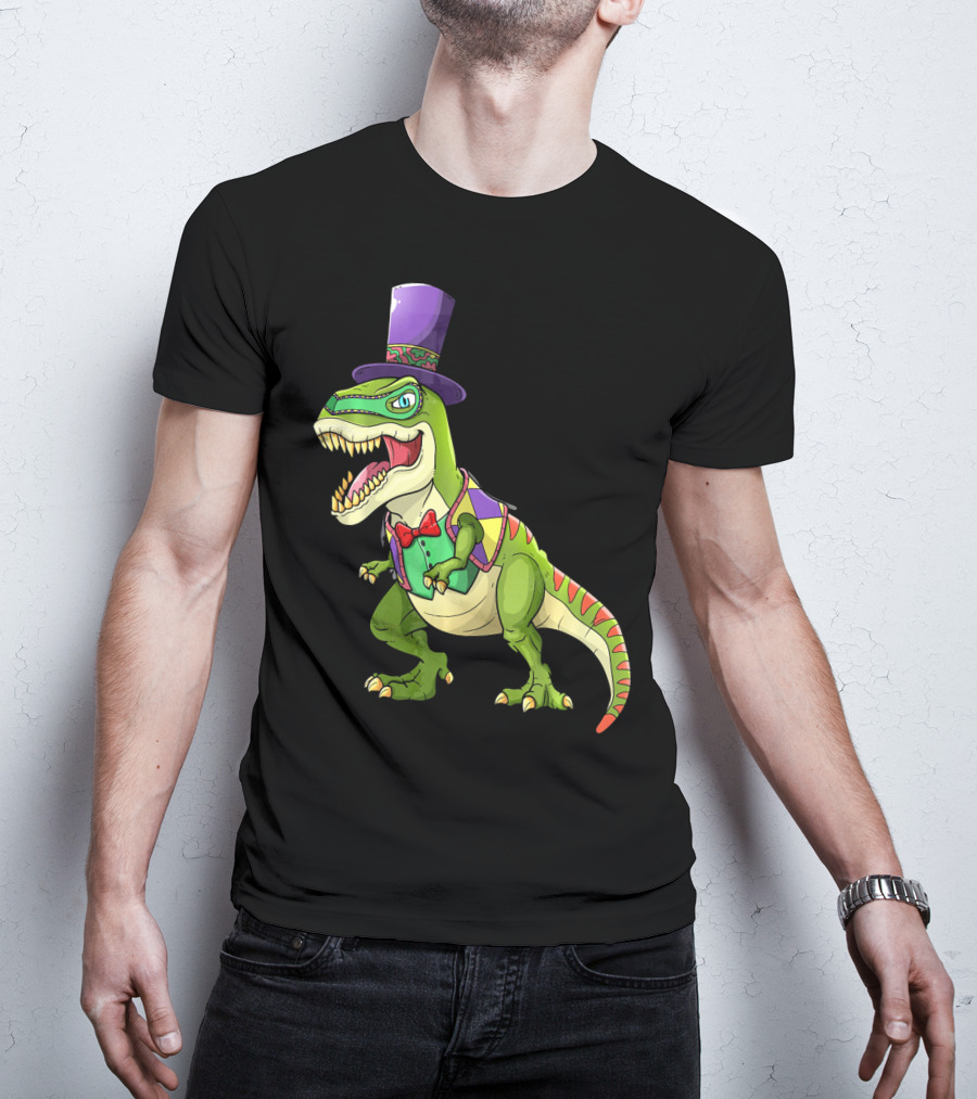 Mardi Gras Dinosaur Wearing Top Hat And Bow Tie T-Shirt