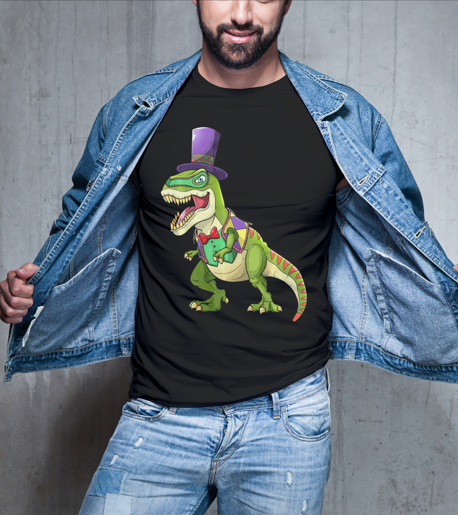 Mardi Gras Dinosaur Wearing Top Hat And Bow Tie T-Shirt
