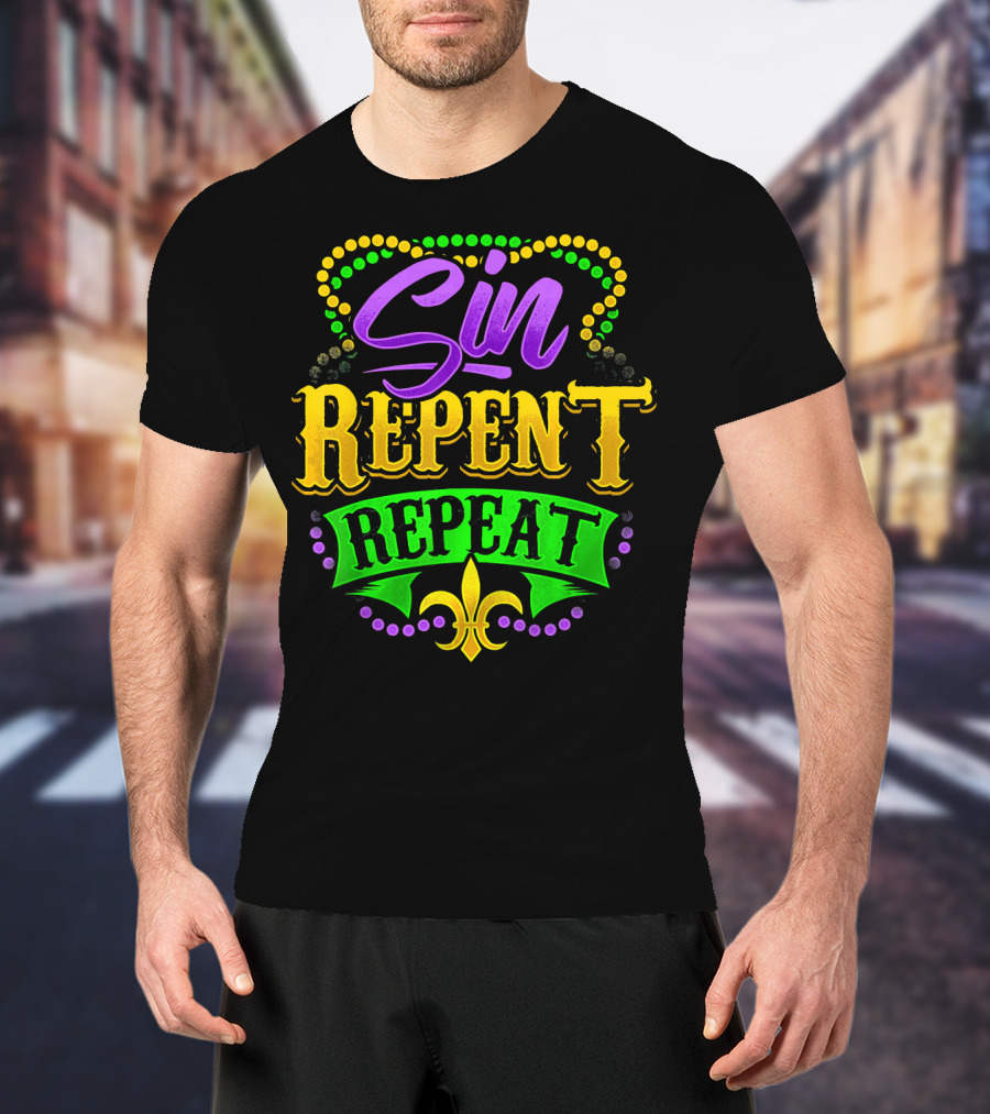 Mardi Gras Sin Repent Repeat Fleur De Lis Beads T-Shirt