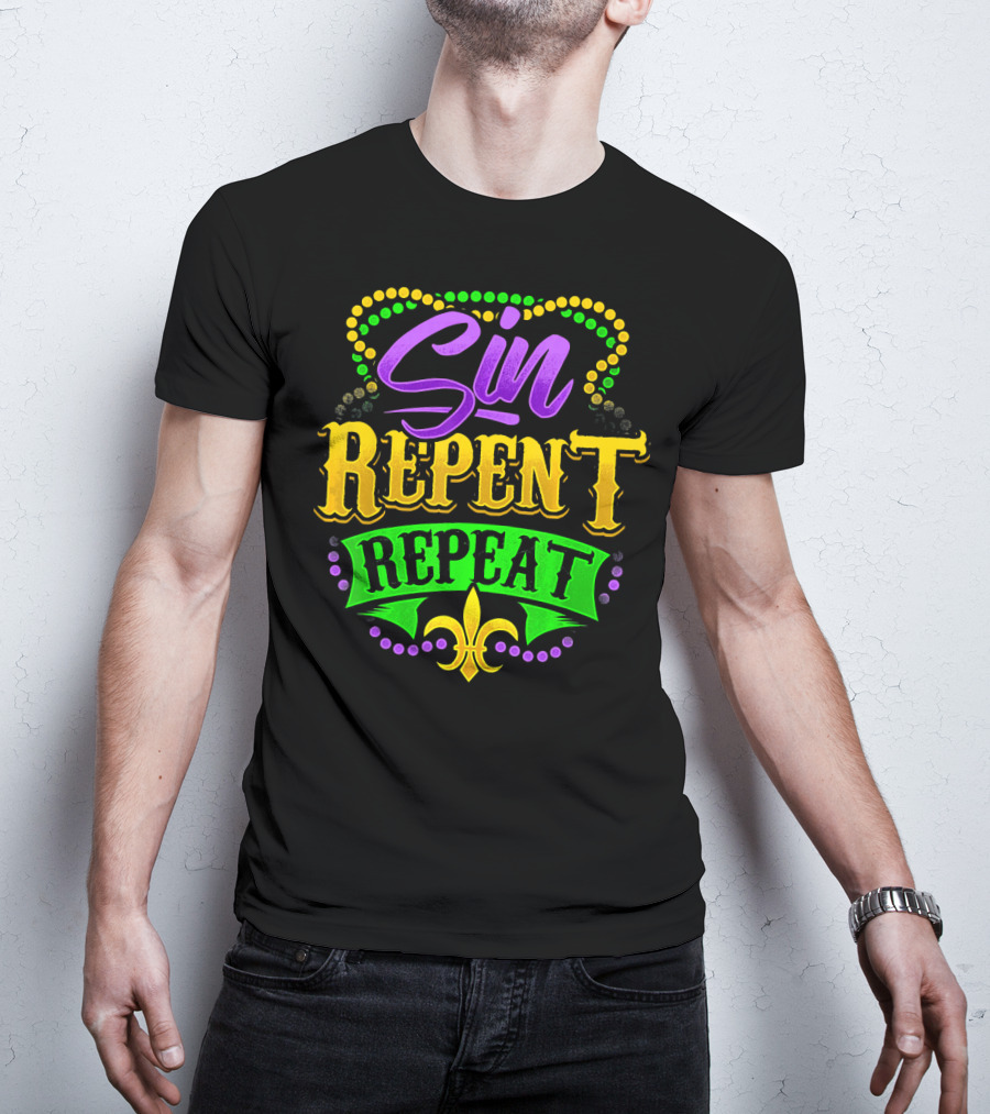 Mardi Gras Sin Repent Repeat Fleur De Lis Beads T-Shirt