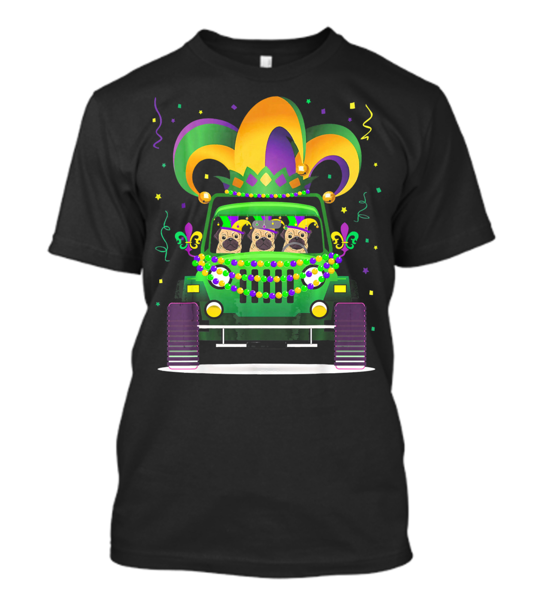 Funny Pug Trio In Jeep With Mardi Gras Jester Hat And Beads T-Shirt