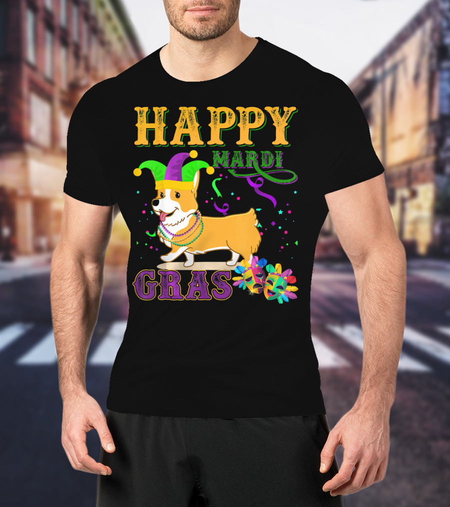 Happy Mardi Gras Welsh Corgi Costume Party T-Shirt