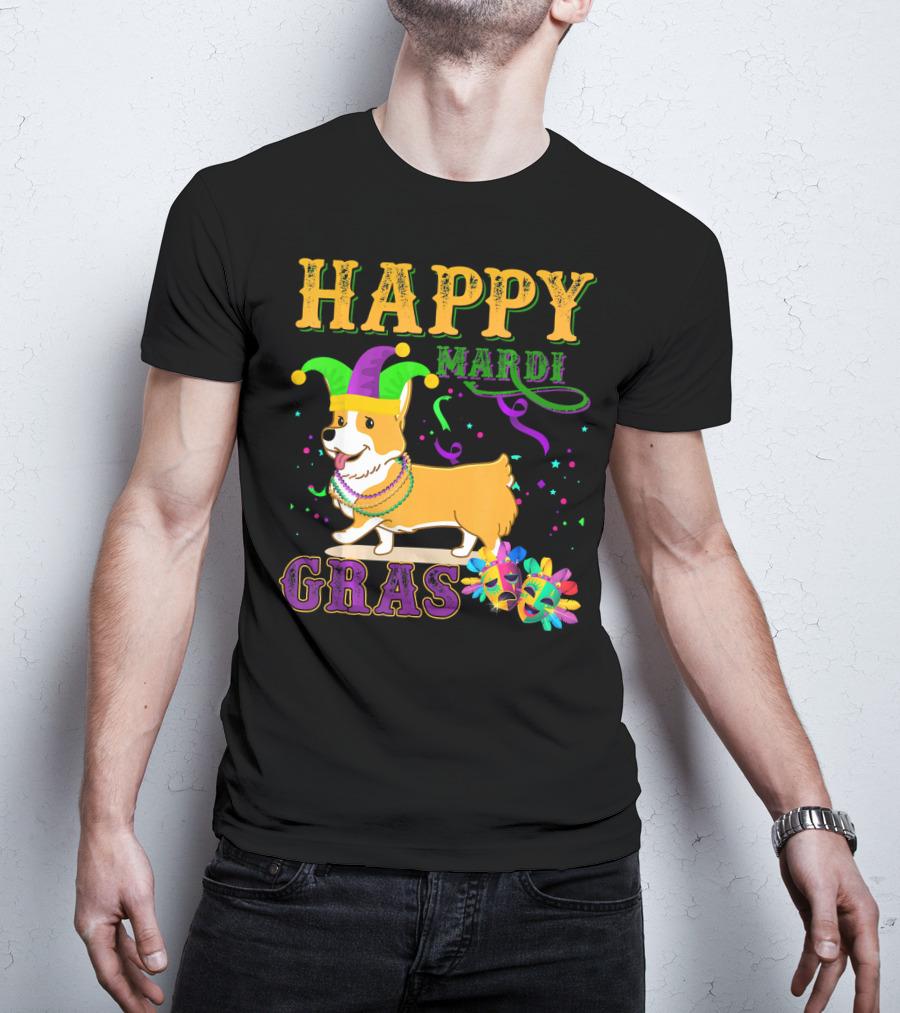 Happy Mardi Gras Welsh Corgi Costume Party T-Shirt