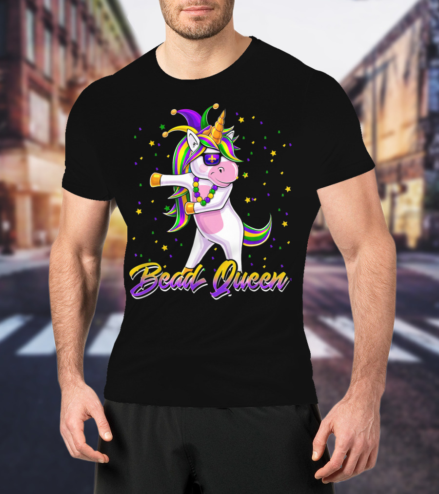 Bead Queen Mardi Gras Unicorn With Floss Dance And Jester Hat T-Shirt