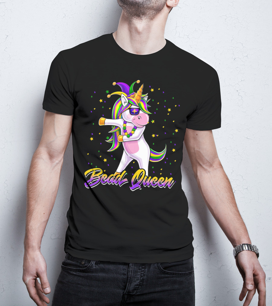 Bead Queen Mardi Gras Unicorn With Floss Dance And Jester Hat T-Shirt