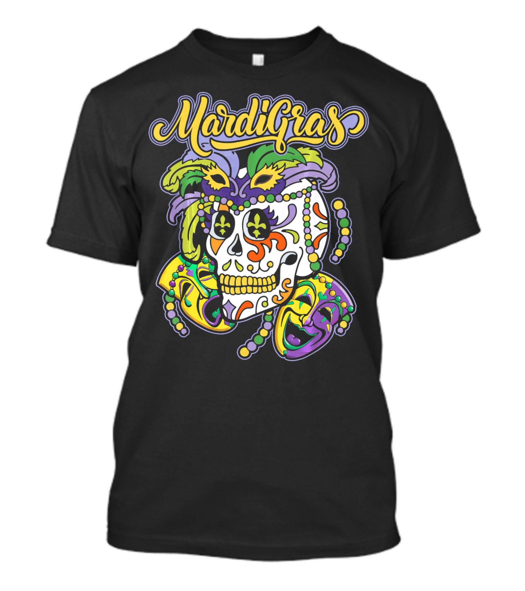 Mardi Gras Sugar Skull With Beads And Mask T-Shirt