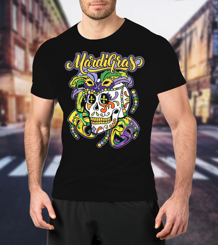 Mardi Gras Sugar Skull With Beads And Mask T-Shirt