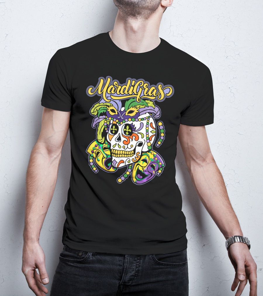 Mardi Gras Sugar Skull With Beads And Mask T-Shirt