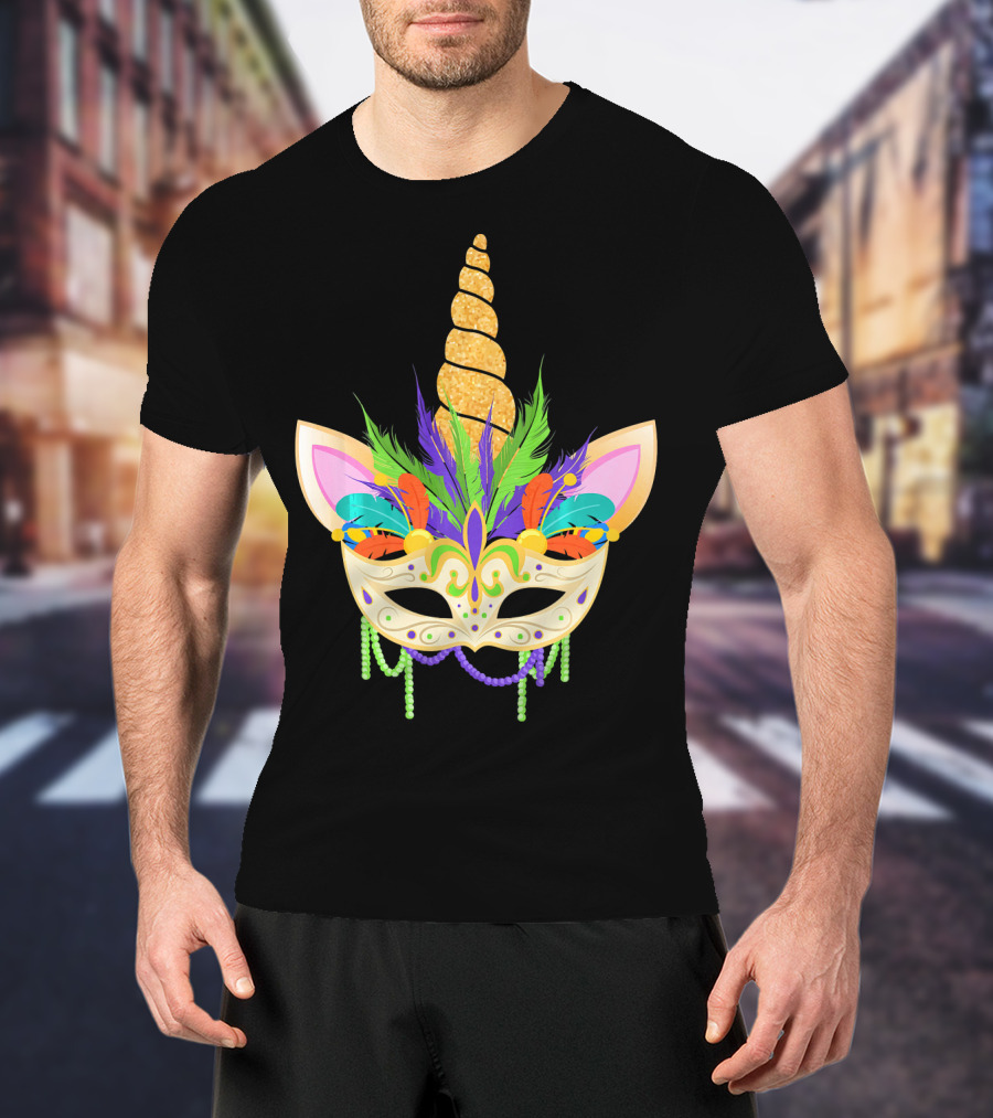 Unicorn Mask With Feathers And Beads Mardi Gras T-Shirt