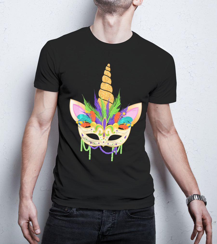 Unicorn Mask With Feathers And Beads Mardi Gras T-Shirt