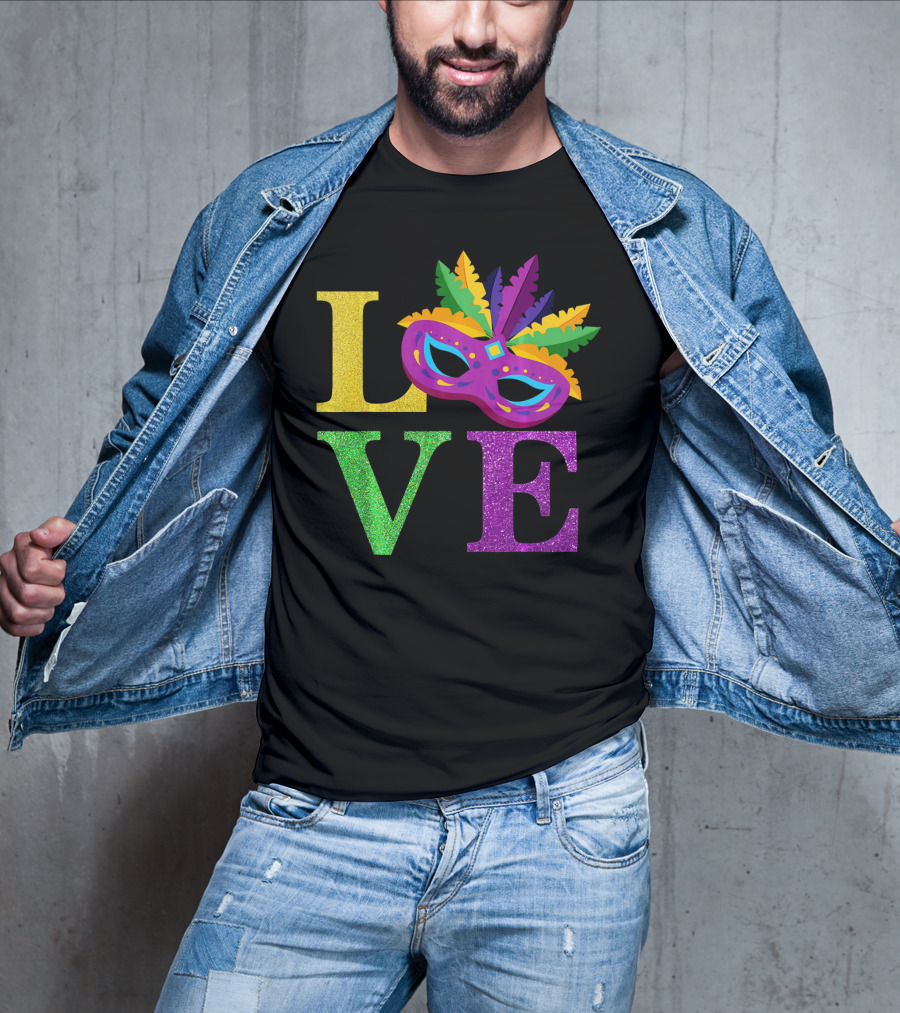 LOVE Mardi Gras Mask Feather Parade Party T-Shirt