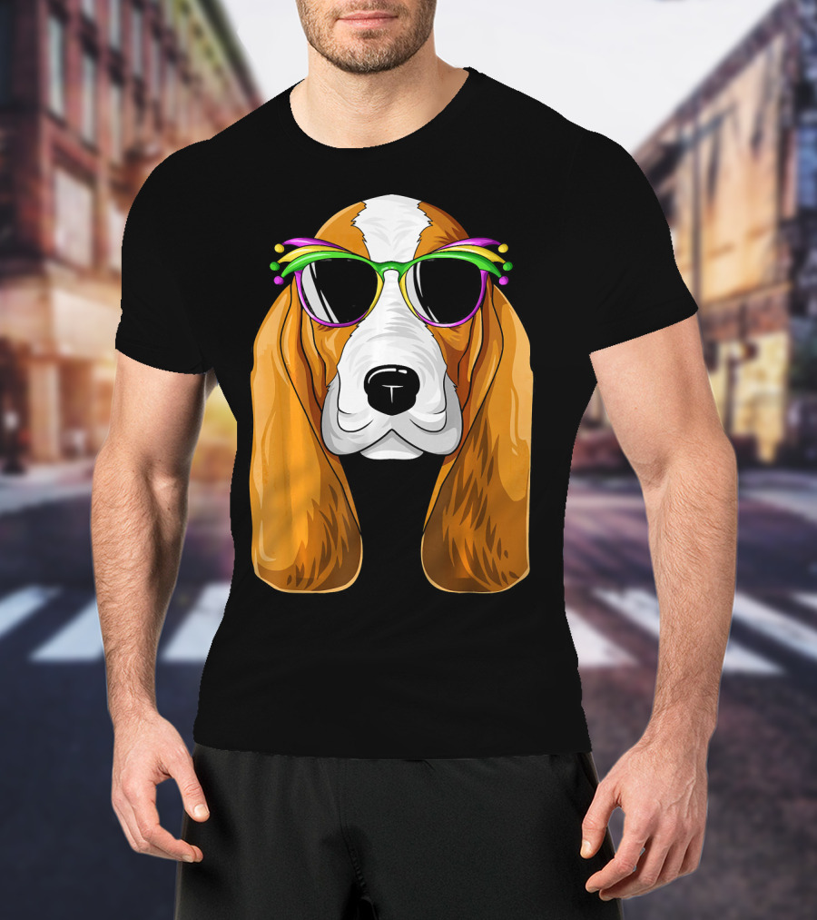 Basset Hound With Mardi Gras Carnival Mask And Sunglasses T-Shirt