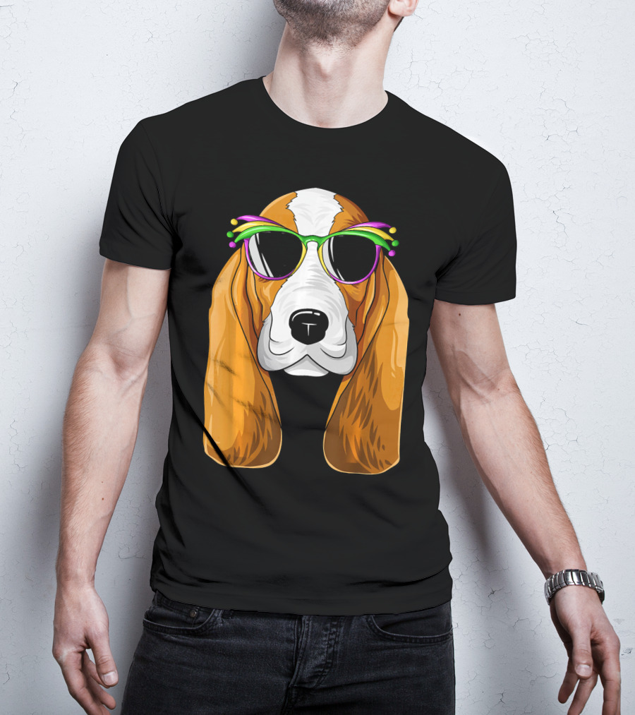 Basset Hound With Mardi Gras Carnival Mask And Sunglasses T-Shirt