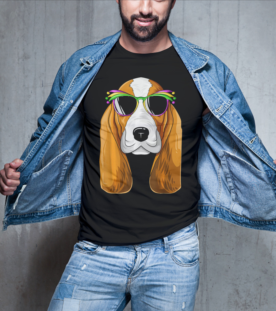 Basset Hound With Mardi Gras Carnival Mask And Sunglasses T-Shirt