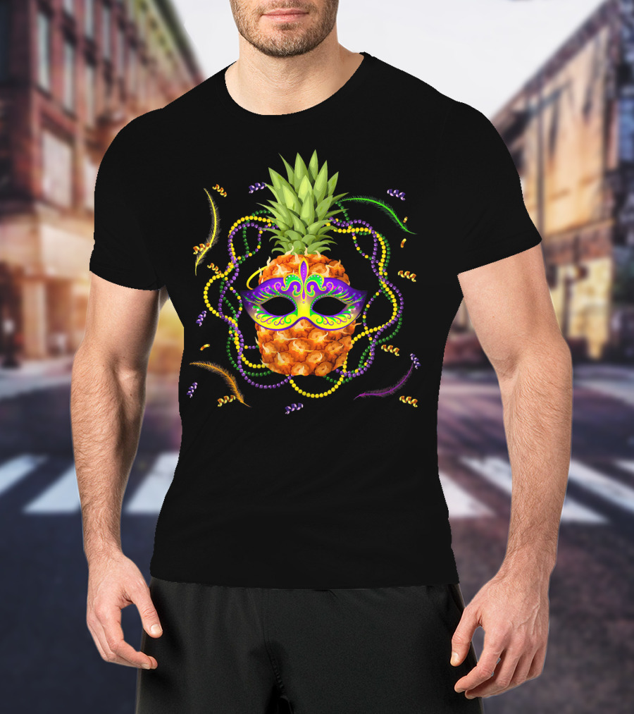 Pineapple Mardi Gras Funny Mask Beads Feathers T-Shirt