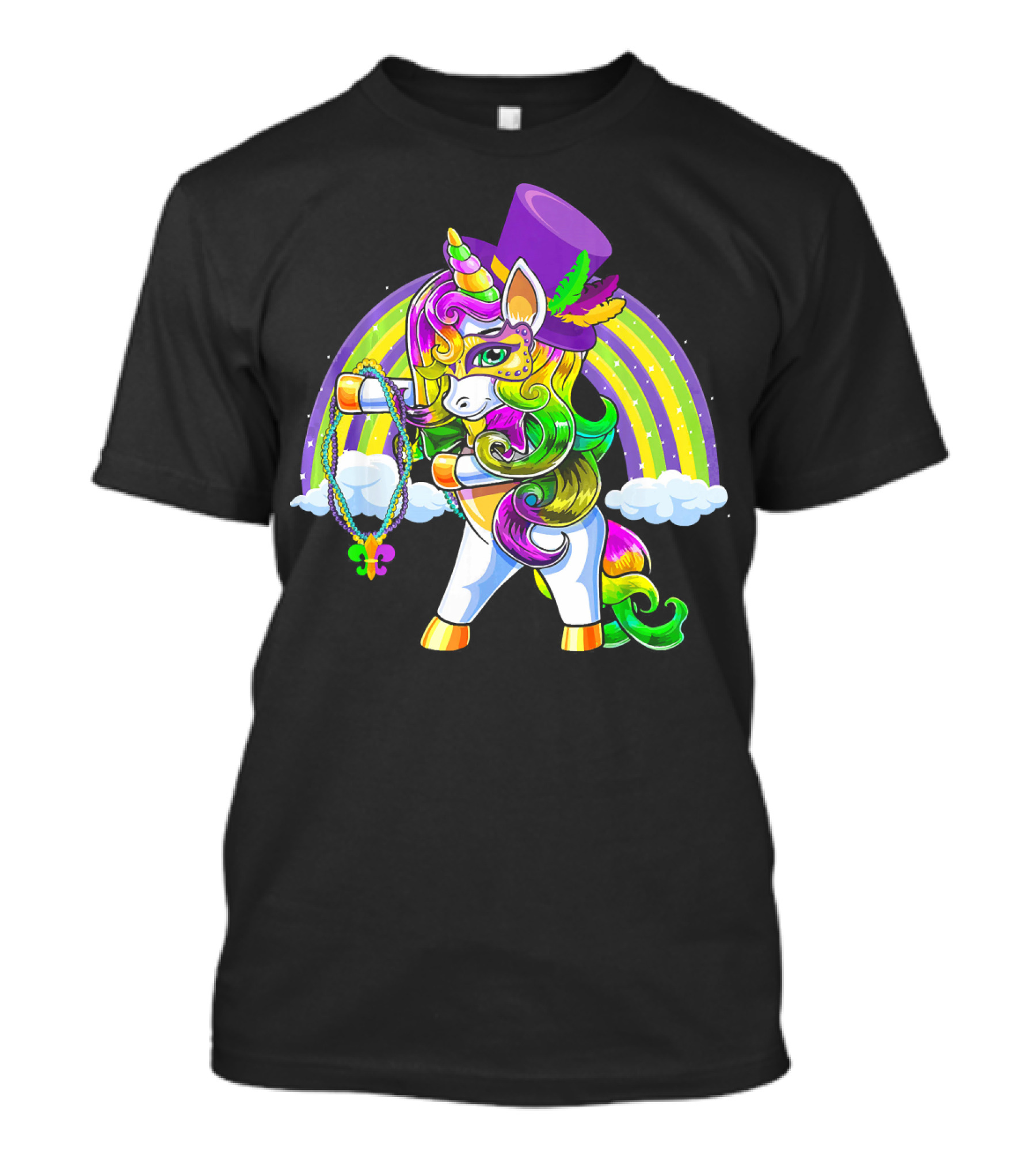 Flossing Unicorn In Top Hat With Rainbow And Mardi Gras Elements T-Shirt