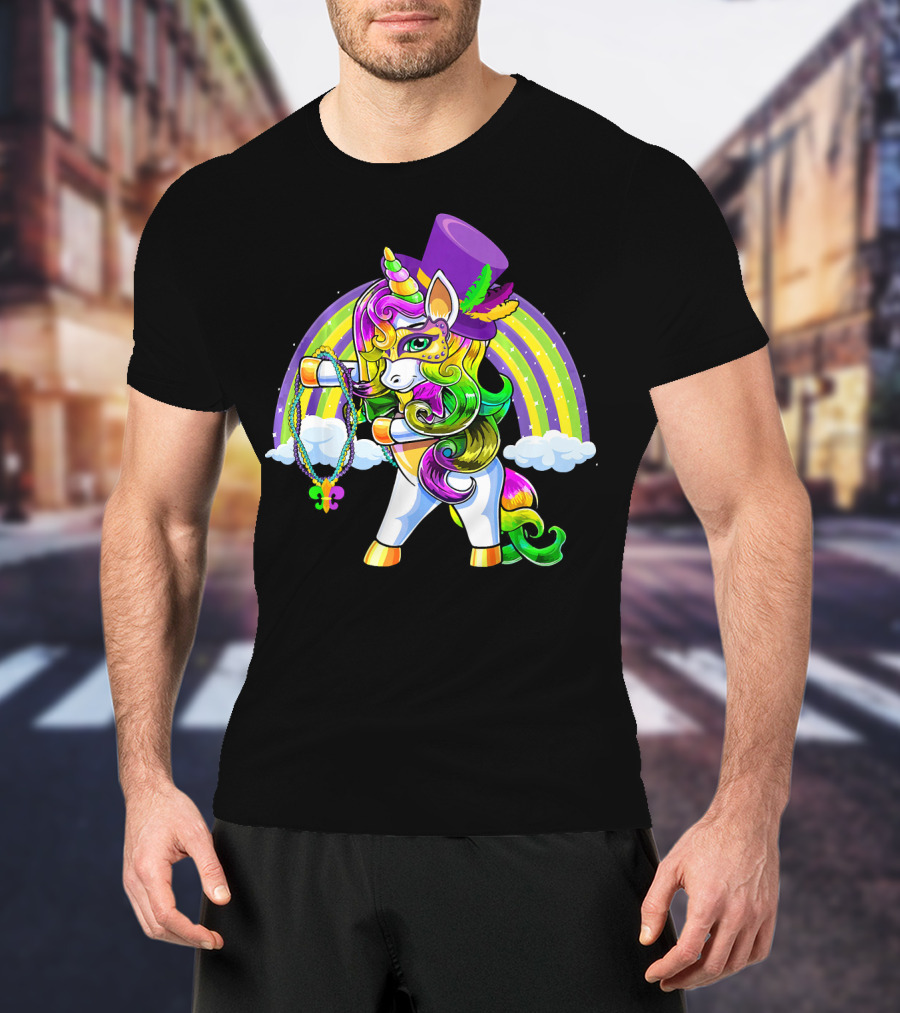 Flossing Unicorn In Top Hat With Rainbow And Mardi Gras Elements T-Shirt