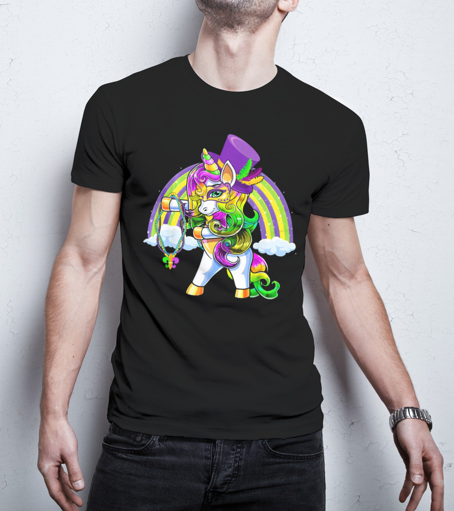 Flossing Unicorn In Top Hat With Rainbow And Mardi Gras Elements T-Shirt