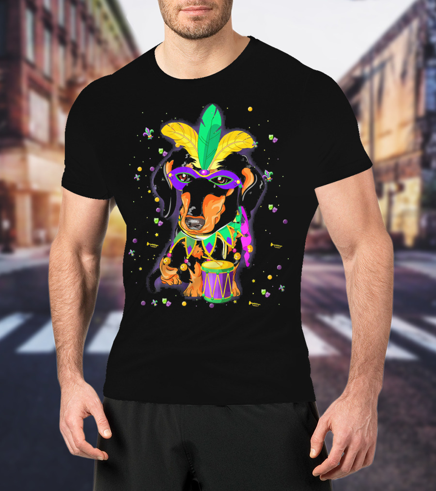 Cute Dachshund In Mardi Gras Mask With Drum And Feathers T-Shirt