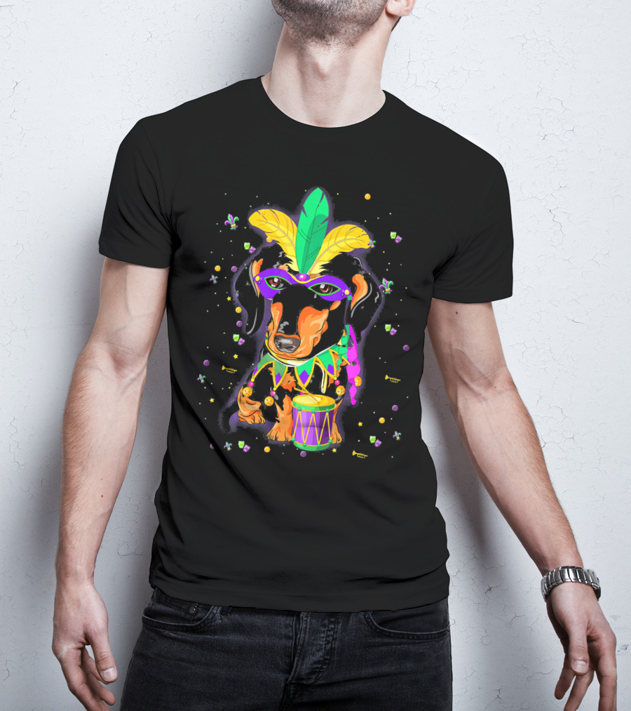 Cute Dachshund In Mardi Gras Mask With Drum And Feathers T-Shirt