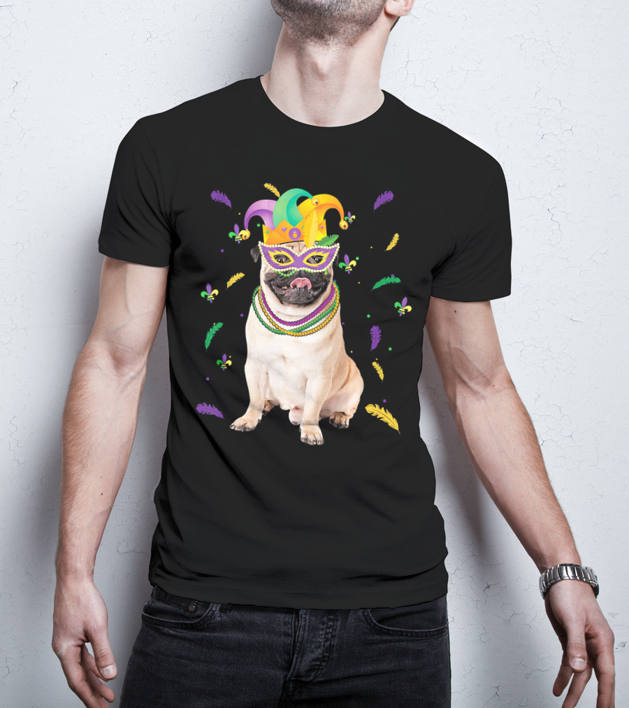 Mardi Gras Pug With Beads And Jester Mask T-Shirt