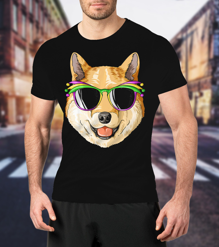Shiba Inu In Mardi Gras Carnival Mask With Festive Sunglasses T-Shirt