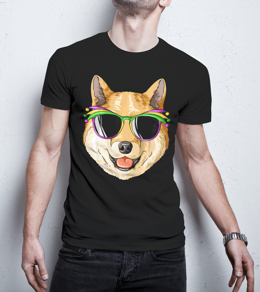 Shiba Inu In Mardi Gras Carnival Mask With Festive Sunglasses T-Shirt