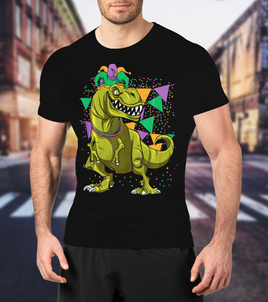 Funny Fat Tuesday Mardi Gras T-Rex Jester With Beads And Confetti T-Shirt