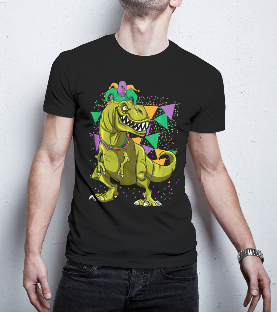 Funny Fat Tuesday Mardi Gras T-Rex Jester With Beads And Confetti T-Shirt