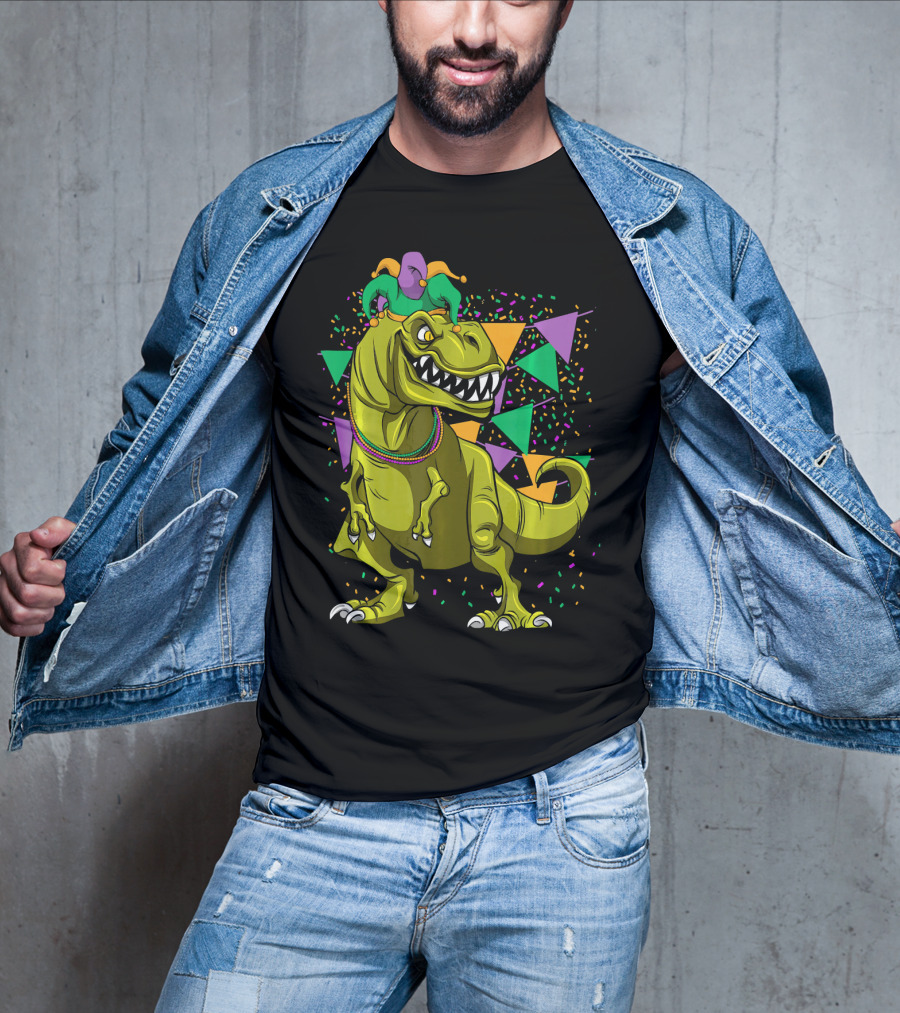 Funny Fat Tuesday Mardi Gras T-Rex Jester With Beads And Confetti T-Shirt