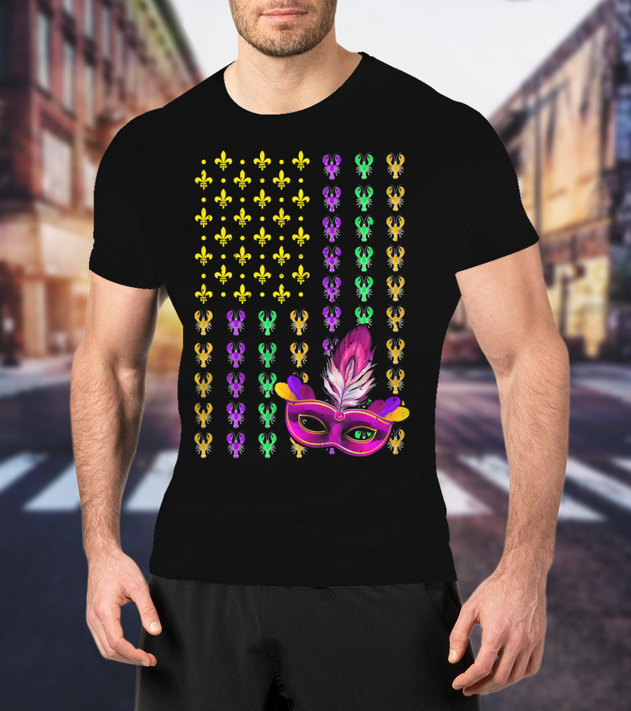 Crawfish Fleur-de-Lis Mardi Gras Mask American Flag T-Shirt