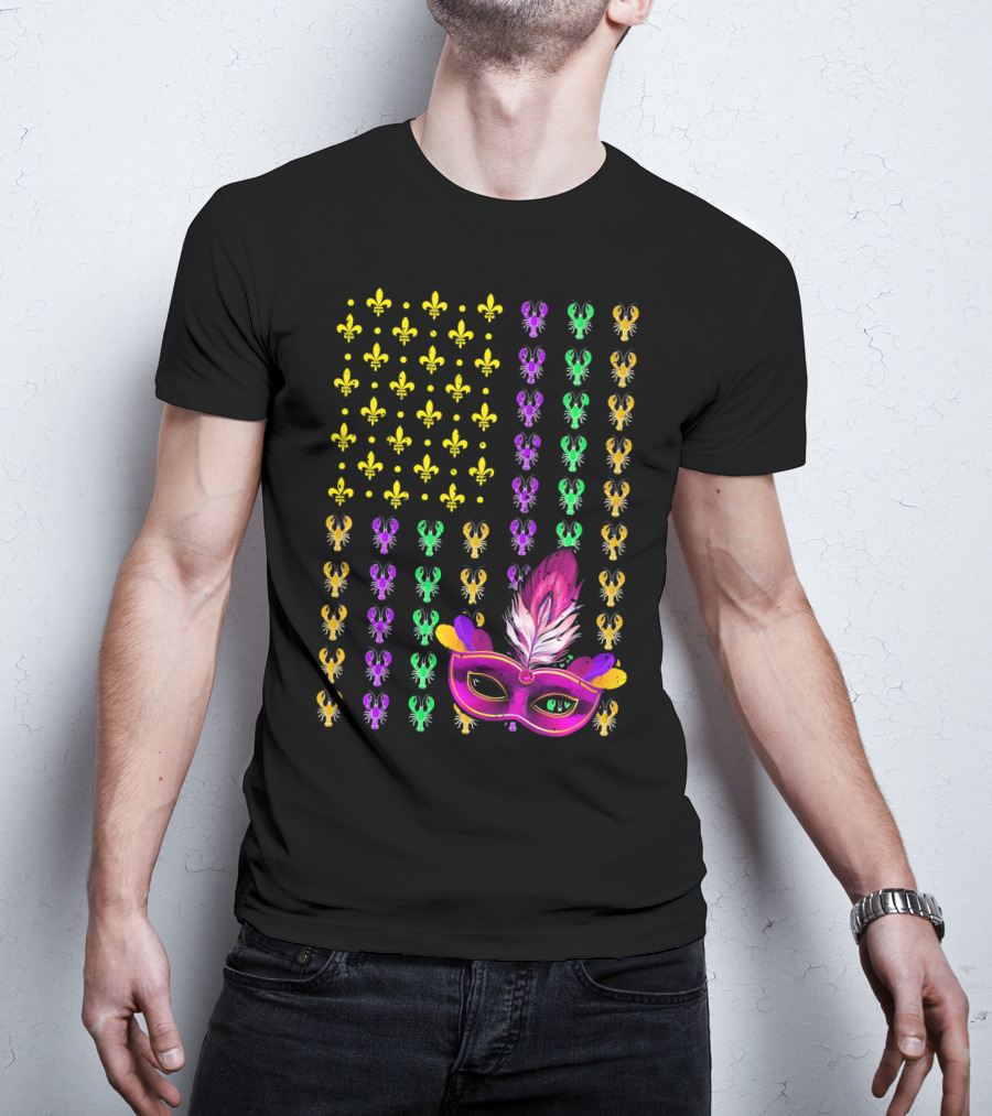 Crawfish Fleur-de-Lis Mardi Gras Mask American Flag T-Shirt