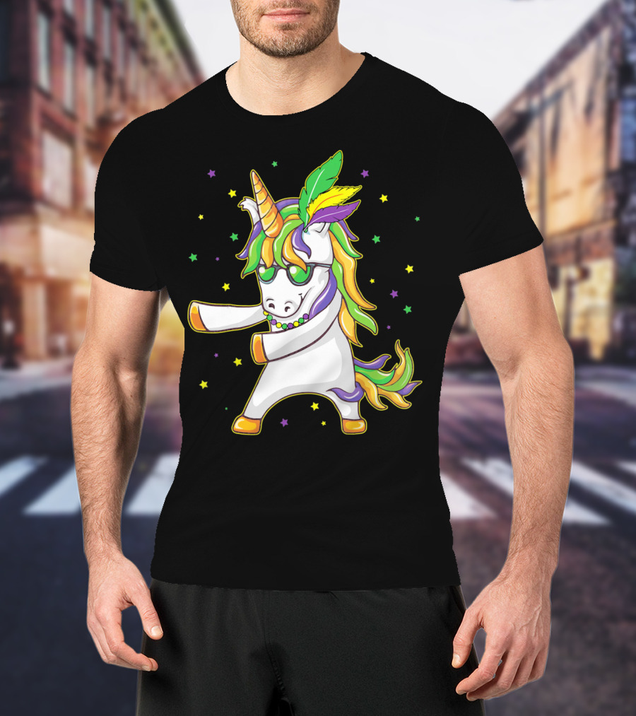 Mardi Gras Unicorn Dabbing And Flossing Colorful Festive Dance T-Shirt