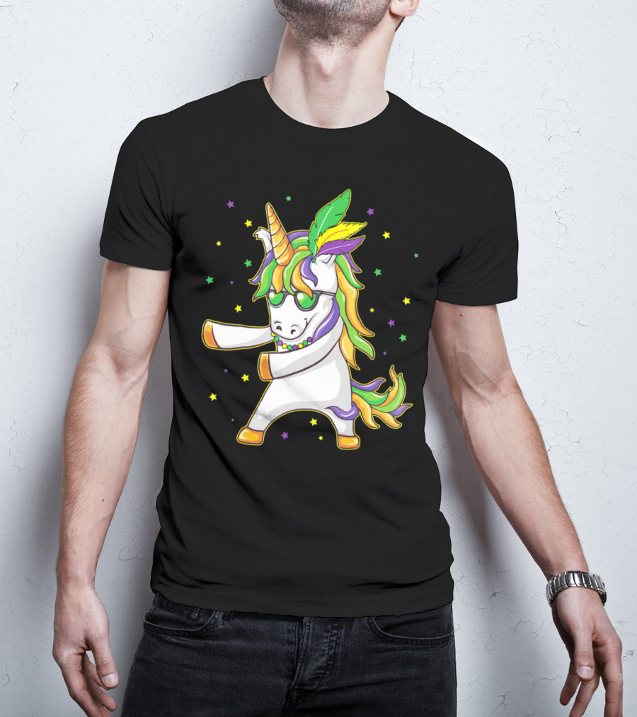 Mardi Gras Unicorn Dabbing And Flossing Colorful Festive Dance T-Shirt