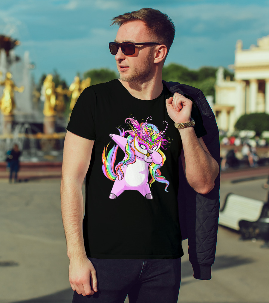 Dabbing Mardi Gras Masked Unicorn With Colorful Mane T-Shirt