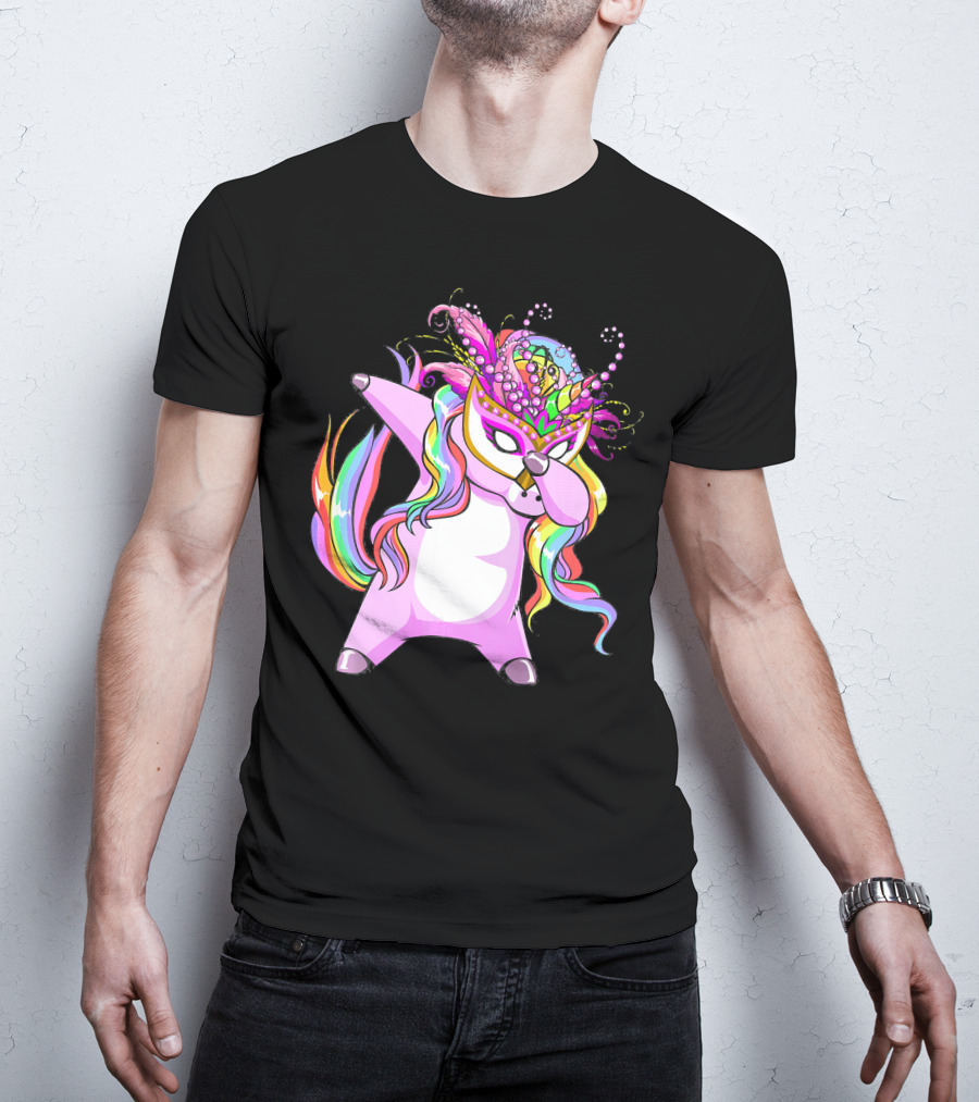 Dabbing Mardi Gras Masked Unicorn With Colorful Mane T-Shirt