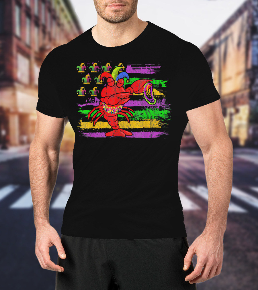 Lobster With Beads And Jester Hats On Mardi Gras Flag Background T-Shirt