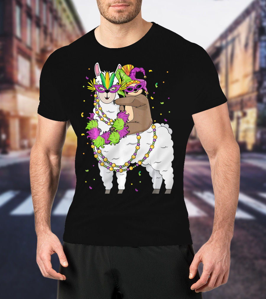Llama Masked With Beads And Confetti Sloth Mardi Gras T-Shirt