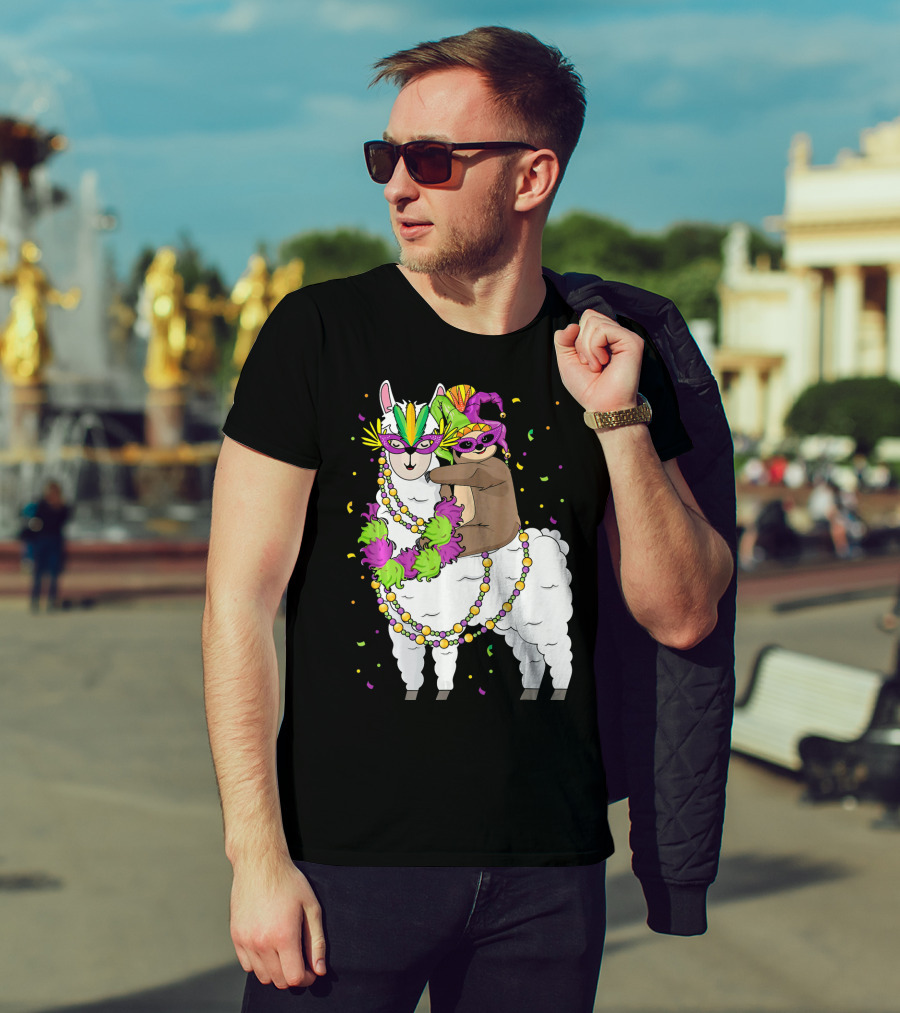 Llama Masked With Beads And Confetti Sloth Mardi Gras T-Shirt
