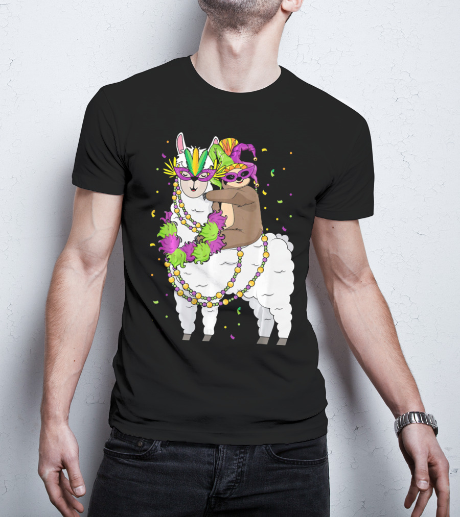 Llama Masked With Beads And Confetti Sloth Mardi Gras T-Shirt