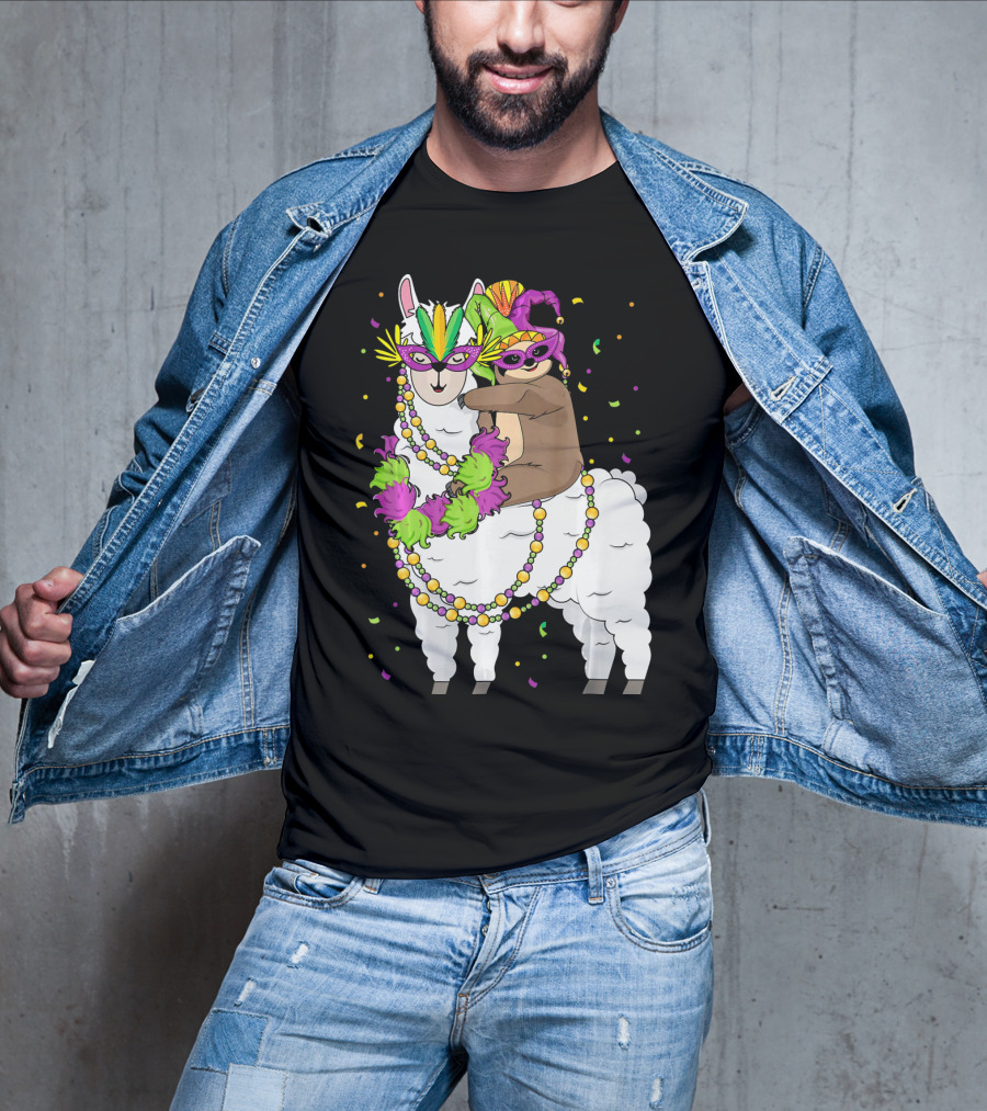 Llama Masked With Beads And Confetti Sloth Mardi Gras T-Shirt