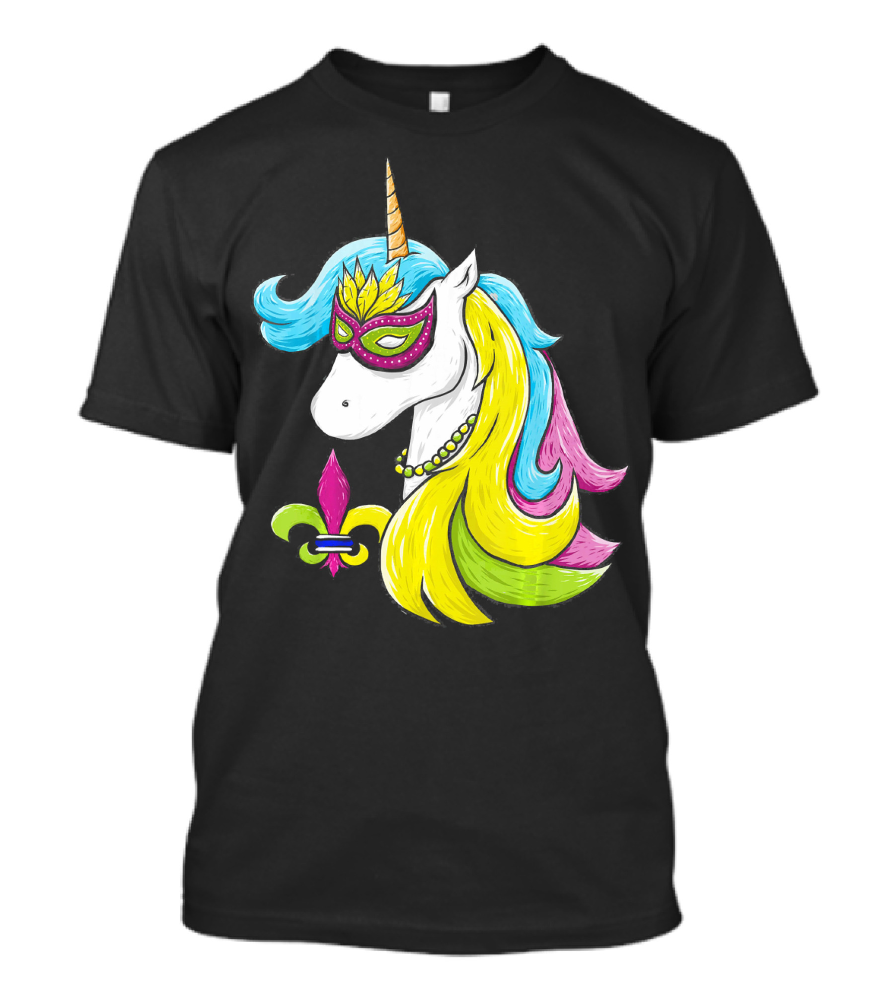 Mardi Gras Unicorn Mask With Fleur-de-Lis And Colorful Hair Fat Tuesday T-Shirt