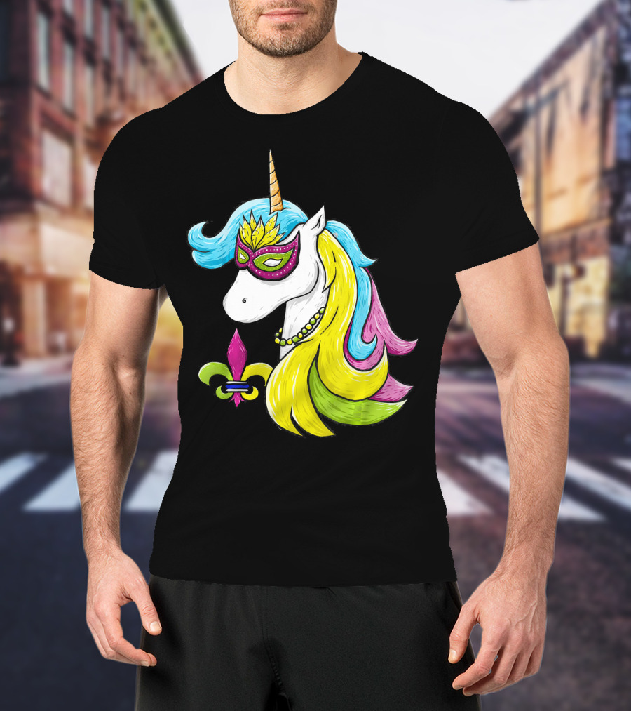 Mardi Gras Unicorn Mask With Fleur-de-Lis And Colorful Hair Fat Tuesday T-Shirt