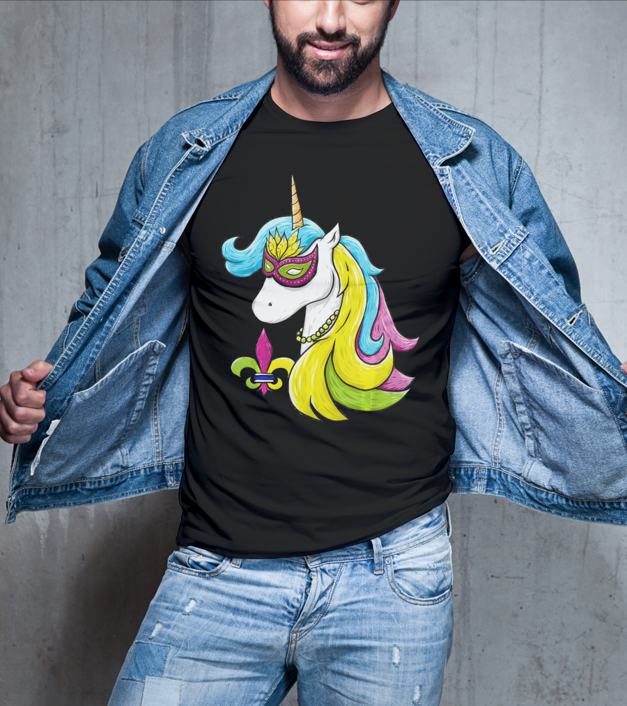 Mardi Gras Unicorn Mask With Fleur-de-Lis And Colorful Hair Fat Tuesday T-Shirt
