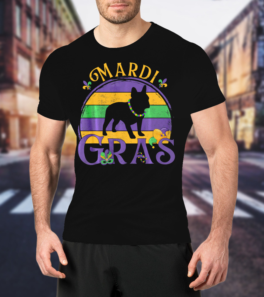 Mardi Gras French Bulldog Beads Festive Celebration Fleur-de-Lis T-Shirt