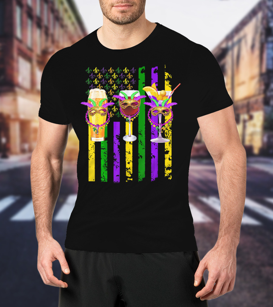 Beer Wine Cocktails With Masks And Beads Fleur-de-Lis Mardi Gras Colors T-Shirt