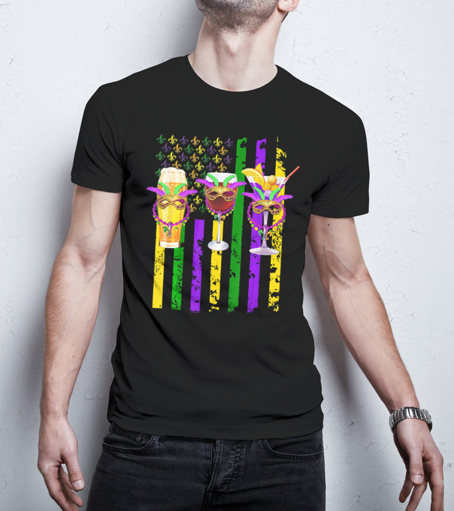 Beer Wine Cocktails With Masks And Beads Fleur-de-Lis Mardi Gras Colors T-Shirt